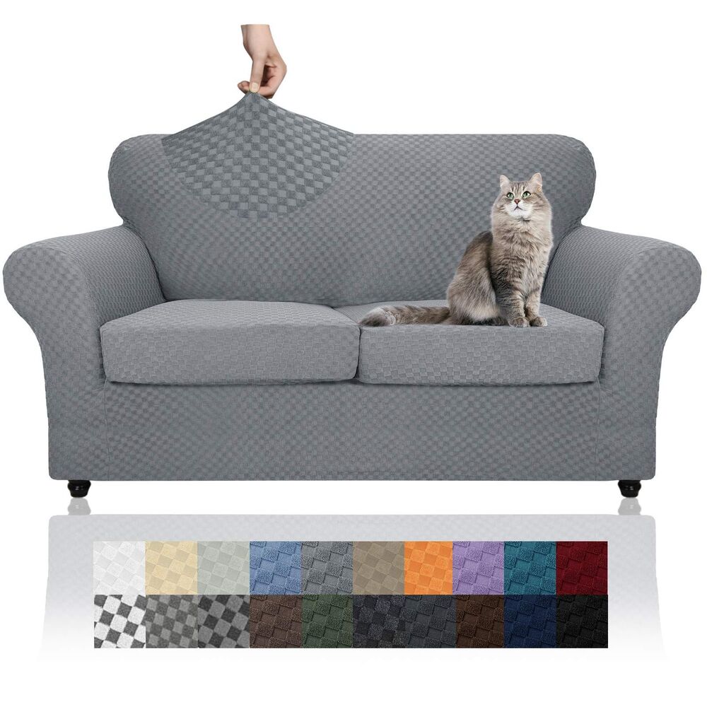 Checkered Texture Loveseat Slipcover for 2-Cushion Couch, Light Gray (55"-69")